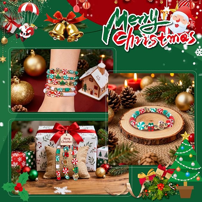 Clay Beads Christmas Bracelet Making Kit – 5000PCS Premium Red Green White Heishi Beads Set with 30 Xmas Charms, Gold Spacers and Elastic Cord for DIY Holiday Jewelry Crafts & Festive Gifts