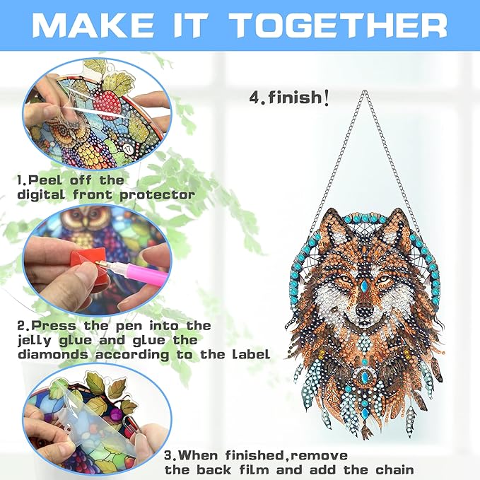 VAIIEYO Wolf Diamond Painting Hanging, Animal Diamond Painting Suncatchers Double Side Window Hanging Kit with Chain, 7.5x7.5 inch Crystal Pendant Art Craft for Gift Home Wall Front Door Decoration