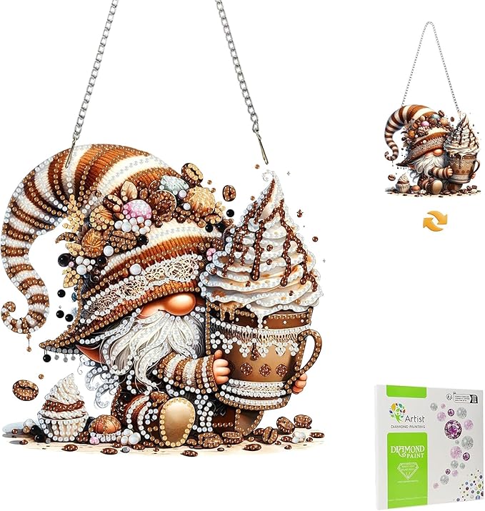 Masendp Gnomes Diamond Art Painting Pendant Kit with Hanging Chain, 5D Diamond Art Hanging Kit DIY Crystal Window Door Pendant Adult Gift