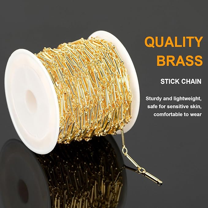 KYUNHOO 16.4 Feet Brass Chains for Jewelry Making 18k Gold Plated Jewelry Chain Roll 12MM Stick Link Chain Necklace for Women DIY Craft Jewelry Making Supplies