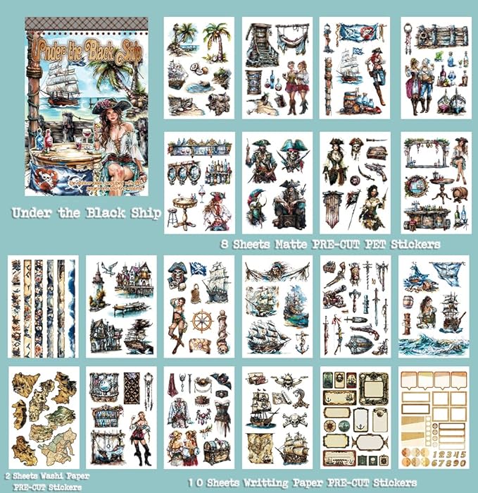 Dwetpzo Vintage Pre-Cut Journal Pirate Sticker Book for Junk Journaling Supplies, Washi, Paper, Transparent PET Stickers for Scrapbooking, Collage, Planner, Bujo, 20 Sheets