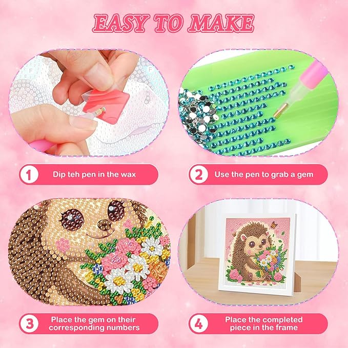 Hedgehog Diamond Art Painting Kits for Kids with Frame, Animal Diamond Art for Kids Ages 4-8-12 with Frame, Easy Small Cute Gem Painting Kit for Gift Home Wall Decoration (7x7 inch)