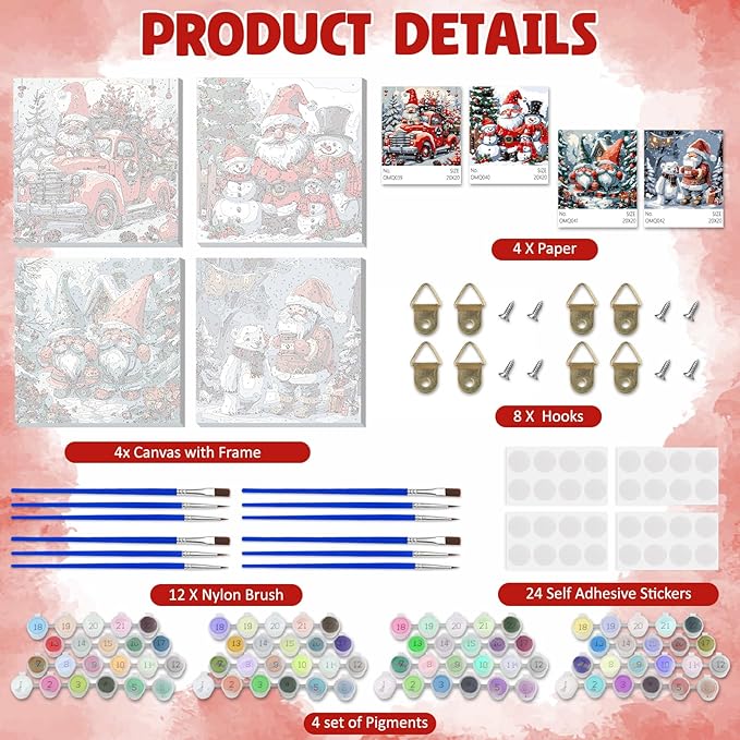 DOMROM 4 Pack Framed Paint by Numbers Santa for Kids Beginners, Adult Paint by Number Kits on Canvas, Acrylic Number Painting Christmas Craft Kits for Gift Home Decor 8x8in