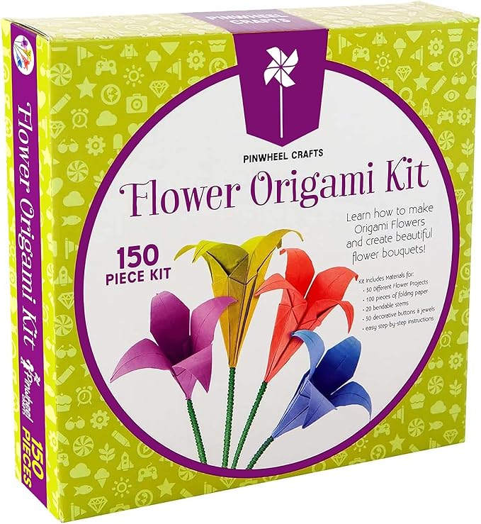 Pinwheel Crafts Flower Origami Kit for Kids Ages 8-12 | 150 Pcs Origami Paper Kit w/Multicolor Folding Papers, Chenille Stems,Buttons and Jewels, Arts and Crafts Paper Book for Kids Ages 6+