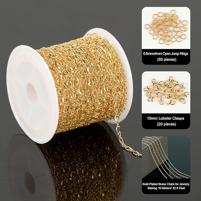 YOUBEIYEE 32.8 Feet 18K Gold Plated Jewelry Chains Bulk, Solid Brass Lip Cable Chain for Women Necklace Bracelet DIY Jewelry Findings
