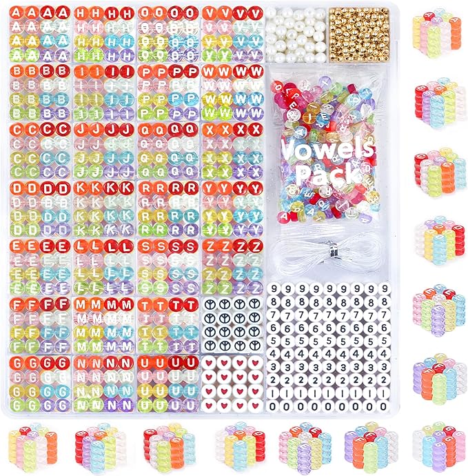 Alphabet Beads for Bracelets - 1650Pcs Round Acrylic Letter Beads A-Z with Extra Vowels & Number Beads and Spacer Beads - Ideal for Bracelets, Necklaces, Friendship Bracelet Kits
