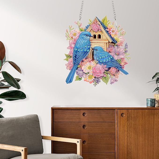 Reofrey Hanging Diamond Art Kits for Adults– 8x8Inch Birds Hanging Ornament Acrylic Board Double Sided Pattern Crystal Diamond Art Suncatcher Pendant, for Home Wall Window Decoration Handmade Gift