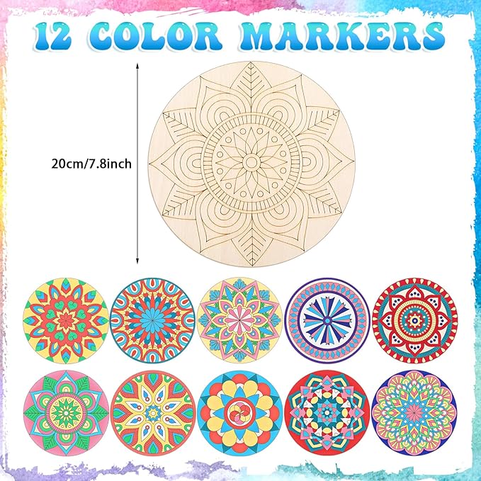 22 Pcs Wooden Mandala Painting Set 10 Mandala Unfinished Wood Cutouts with 12 Markers for Crafts Diwali Craft Wood Slices for Adults Painting DIY Tags Wedding Home Decors(Vintage Style)