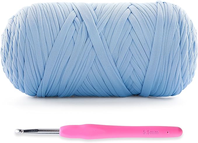 Soft T-Shirt Yarn for Crochet, T Shirt Yarns for Crocheting Crafts, Bags, Basket, Coaster, Tshirt Yarns - 400 g/130 yds with 1 Crochet Hook (1, Light Lake Blue)