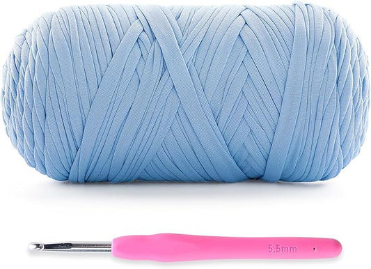 Soft T-Shirt Yarn for Crochet, T Shirt Yarns for Crocheting Crafts, Bags, Basket, Coaster, Tshirt Yarns - 400 g/130 yds with 1 Crochet Hook (1, Light Lake Blue)