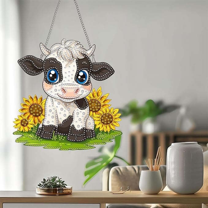 Bimkole Cow Diamond Art Hanging Kit for Adult, DIY 5D Diamond Art Sunflower Window Pendant, Acrylic Crystal Art Hanging Ornament Home Wall Garden Front Door Sign Outdoor Decor 7.8x7.8 Inch