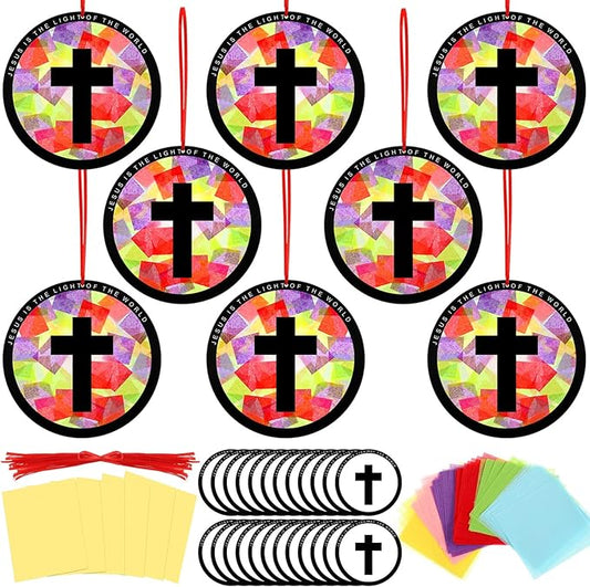 Motipuns 32 Sets Resurrection Easter Ornaments Craft Kit, Christian Religious DIY Cross Suncatchers Stained Glass Effect with Tissue Paper Window Art for Sunday School Church VBS Decor