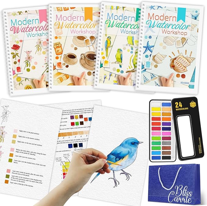 4Pcs Watercolor Workbook, Water Coloring Book with 48 Patterns, Beginner-Friendly Watercolor Workbooks with 24 Paint Colors & Brush, Water Color Workbook for Adults, Stress - Relieving Gift for Women