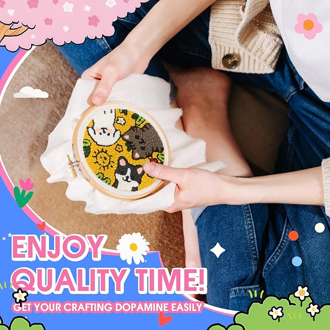 yuegool 2PCS Punch Needle Decoration Kit,Easy DIY Punch Needle Embroidery Kit for Beginners Adults Including Patterns, Tools, Yarns, Hoop, Instruction, Bracket Art Craft Supplies