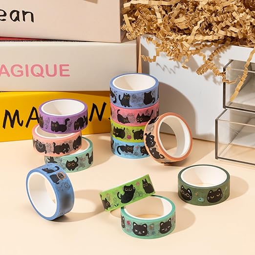 Black Cat Washi Tape - 12Pcs Cute Trendy Black Cat Design Cute Eco-Friendly Masking Tape Decorative DIY Crafts Artist Tape Set School Office Journal Kids Art Supplies Gift Wrapping