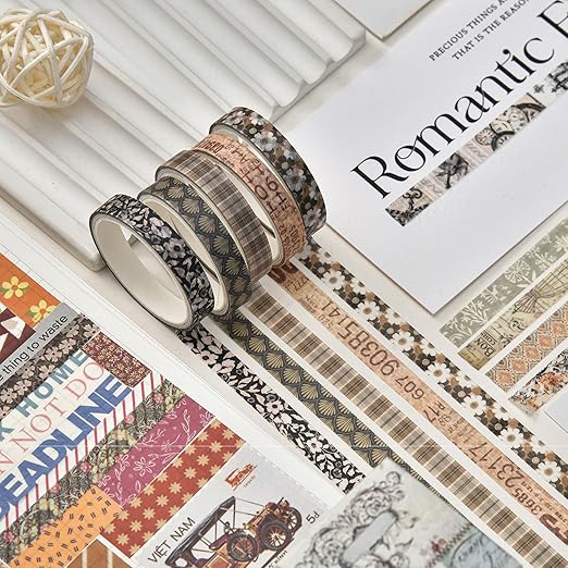 20 Rolls Skinny Vintage Washi Tape Set Retro Arts Adhesive Tapes Basic Patterns Decorative Masking Tape Sets for Craft, Kids, Scrapbook, DIY, Gift Wrapping (Elegance in Time)