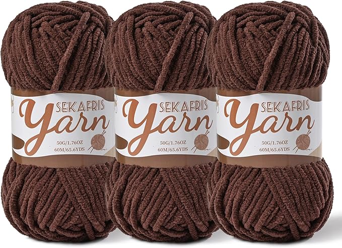 3 Pack Fluffy Velvet Yarn for Crocheting，Baby Blanket Yarn for Crocheting Soft，150g(196.8yds) Amigurumi Yarns，Plush Chenille Crochet Yarns，Puzzle Yarn for Crochet Weaving Craft(3 Dark Coffee)