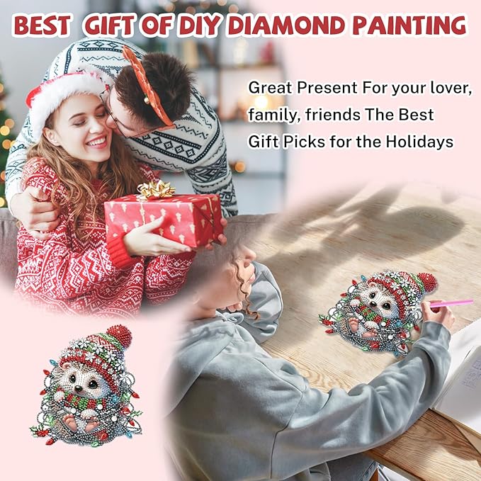 Bowetile Christmas Diamond Art Hanging Kits for Adults, Hedgehog Diamond Art Suncatchers, 5D Special Shape Diamond Painting Pendant Window Ornament Christmas Gifts for Home Door Wall Decor