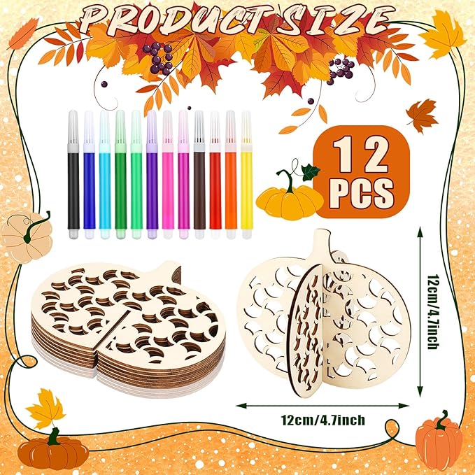 Blosssound 48 Pcs Fall Craft Set 36 Wood Pumpkin Crafts 3D Pumpkin Cutouts with 12 Colored Markers Wooden Unfinished Slices to Paint for Thanksgiving Autumn Harvest DIY Handmade Tiered Tray Decor