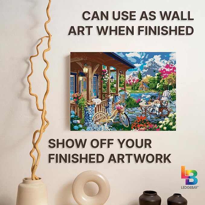 Ledgebay DIY Paint by Numbers Kit for Adults Framed Canvas Beginner to Advanced Paint by Numbers Kit Kits Include Acrylic Paint set Brushes Tabletop Easel (Colorful House Near The Lake 12"x16" Framed)