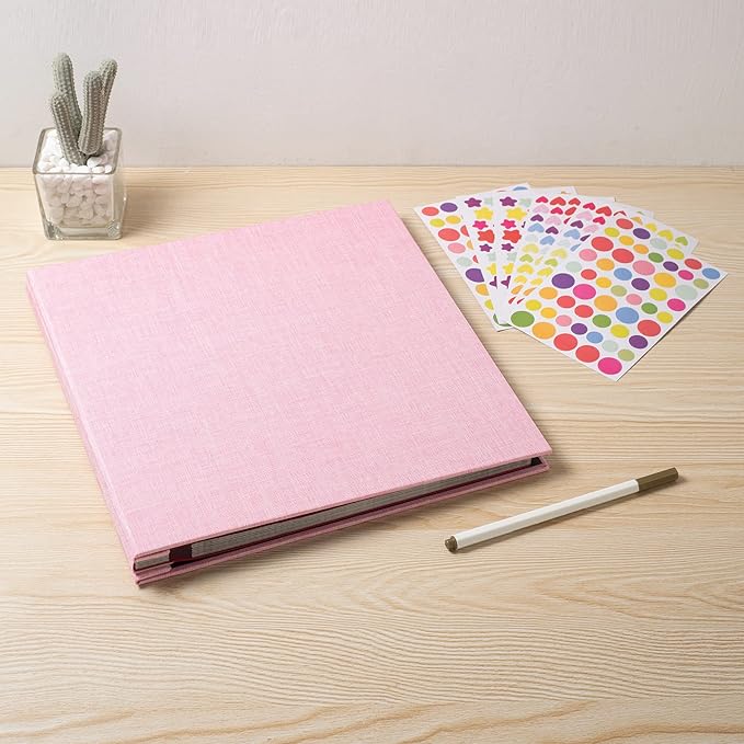 Large Photo Album Self Adhesive 4x6 8x10 10x12 13"x12.6" Scrapbook Album 12.6"x11" Inch 60 Black Sticky Pages Linen Cover Magnetic Photo Album with A Metallic Pen and DIY Stickers(Pink)
