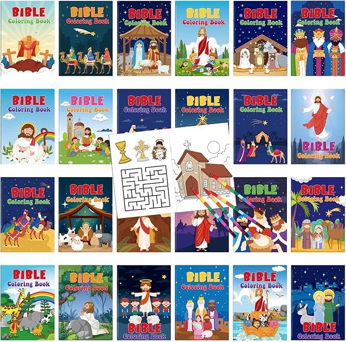 Liliful 24 Pcs Bible Coloring Book Bulk Christian Mini Coloring Books Religious Party Favors Christian Story Activity Supplies Bulk Sunday School Holiday Gifts