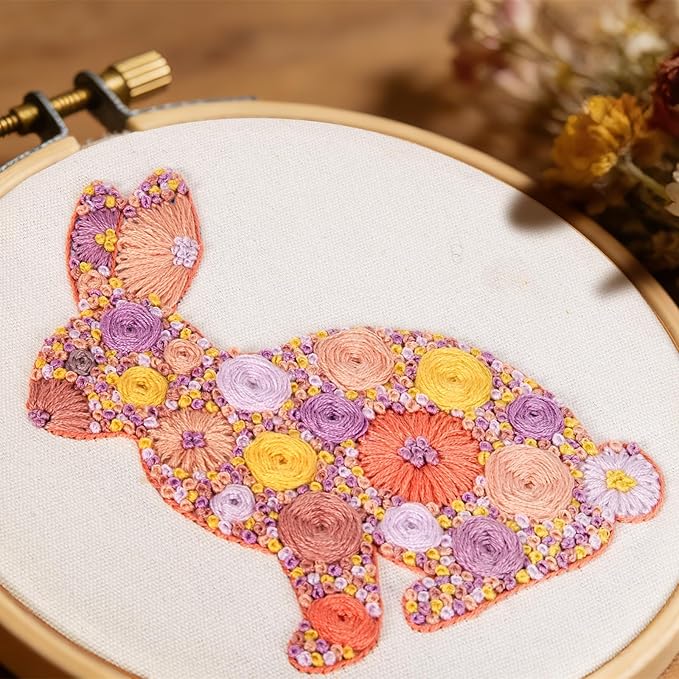 Easter Embroidery Kits for Beginners Adults, Flowers Bunny Embroidery Kits, Hand Stamped Cross Stitch Kits for Beginners Adults & Women Easter Gifts, Entire Set of Embroidery Supplies & Video Tutorial
