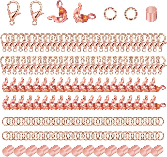 700pcs Jewelry Making Accessories Set with 100 Lobster Claw Clasp 200 Bead Tips Knot Covers 200 Crimp Tube Beads and 200 Open Jump Ring Connectors for DIY Jewelry Bracelets Necklaces(Rose Gold)
