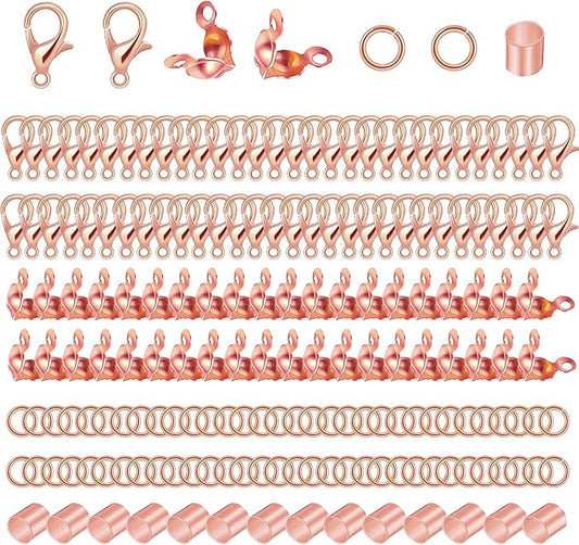 700pcs Jewelry Making Accessories Set with 100 Lobster Claw Clasp 200 Bead Tips Knot Covers 200 Crimp Tube Beads and 200 Open Jump Ring Connectors for DIY Jewelry Bracelets Necklaces(Rose Gold)