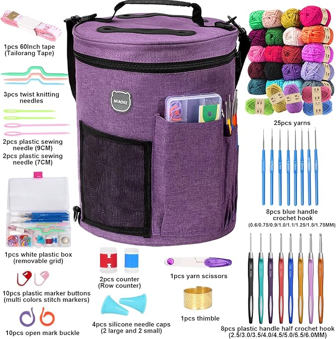 MIAOKE 79pc Crochet Kit, Large Knitting Bag Yarn Storage Organizer, Crocheting Starter Kits with Waterproof Bag, Beginner Knitting Accessories Set, for Beginners Adults Travel Crochet Supplies