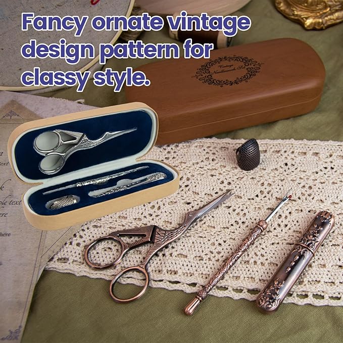 Vintage Embroidery Scissors Kit, Fancy Needlework Set with Crane Stork Shear, Antique Seam Ripper, European Style Thimbles, Needles for Sewing Knitting Cross Stitch Crochet Yarn Thread Cutting