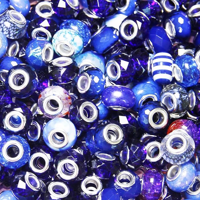 60Pcs Large Hole Beads Spacer Beads Dark Blue Assorted European Craft Big Beads Large Hole Lampwork Murano Bead Fairy Wand Garden Bead for DIY Charm Bracelet Jewelry Making Decoration Supplies