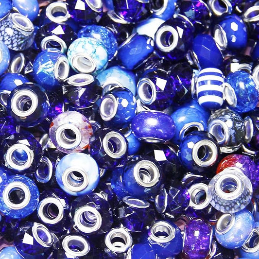 200Pcs Large Hole Beads Spacer Beads Dark Blue Assorted European Craft Big Beads Large Hole Lampwork Murano Bead Fairy Wand Garden Bead for DIY Charm Bracelet Jewelry Making Decoration Supplies