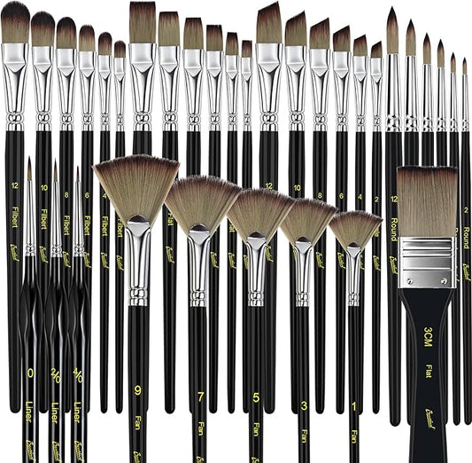 Bougimal 33 Pcs Paint Brush Set, Artist Paint Brushes for Acrylic Painting, Oil, Watercolor, Gouache, with Flat Round Filbert Fan Angle Detail Brush, Suitable for Artists and Beginners (Black)