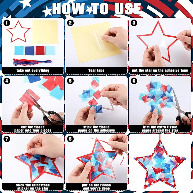 Yaomiao 30 Set Memorial Day Patriotic Suncatchers Paper Crafts Kit DIY Star Shaped Stained Glass Effect Tissue Paper Activities Hanging Decor Gift for Memorial Day