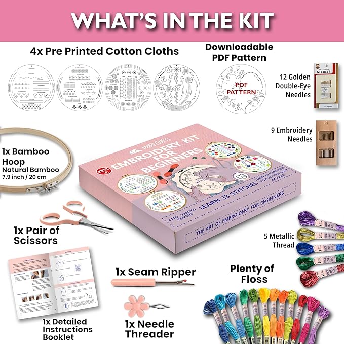 Moni Crafts Embroidery Kit for Beginners – DIY Hand Embroidery Set for Adults with 4 Stamped Patterns, Hoop, Threads, Needles and Step-by-Step Stitch Guide to Learn 33 Stitches