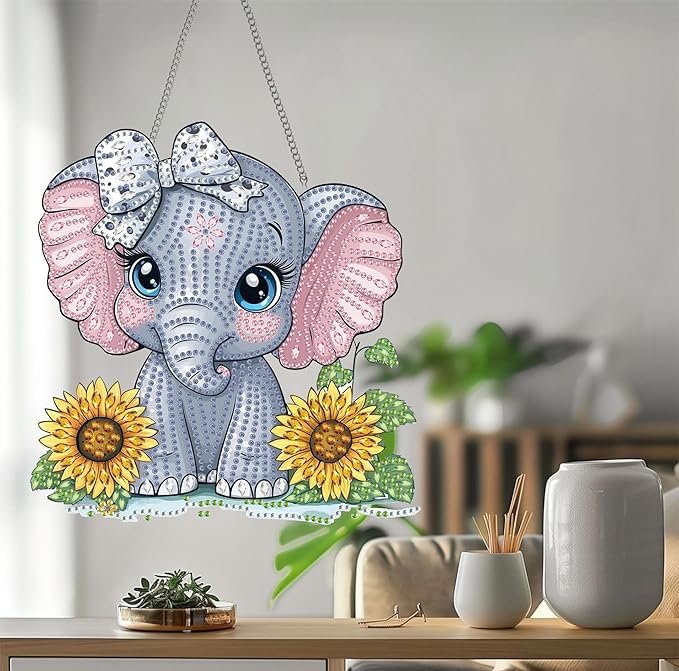 Bimkole Elephant Diamond Art Hanging Kit for Adult, DIY 5D Sunflowers Diamond Art Painting Window Pendant, Acrylic Crystal Art Hanging Ornament for Wall Home Garden Front Door Decor - 7.8x7.8 Inch