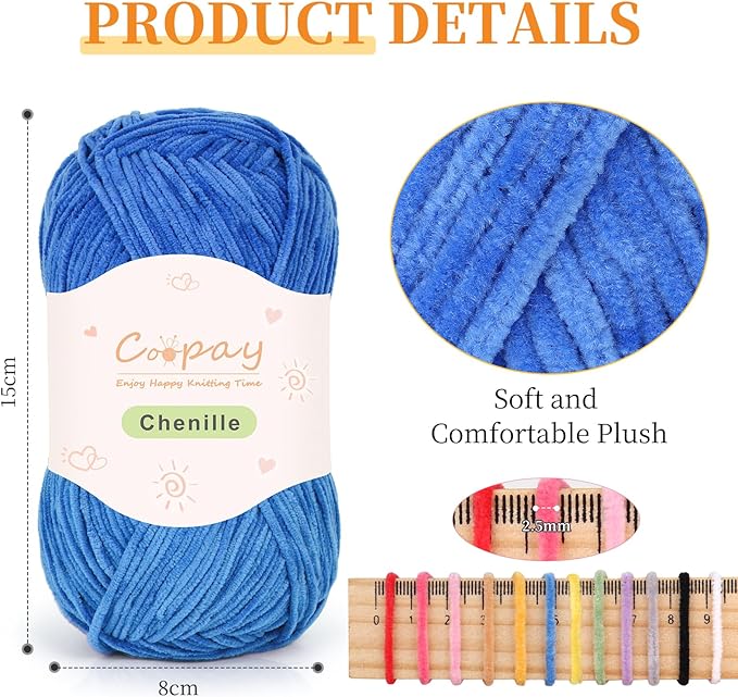 Coopay Skinny Chenille Yarn for Crocheting and Knitting, 12 Pack of 50g/1.76oz - 1764yd Total, Soft Velvet Yarn of Baby Weights - Suitable for Baby Blankets, Plush Toys - Super Soft (Blue Gradient)