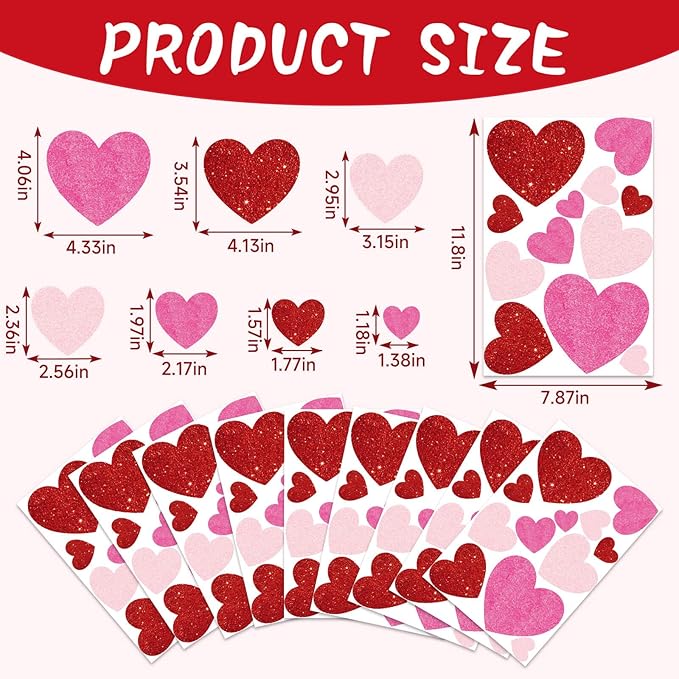 9 sheets valentines day window clings decoration, heart stickers decor for galentine's day, red pink decals for home, office, classroom, glass doors