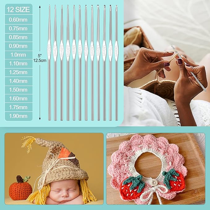 aeelike crochet kit for beginners adults, full crochet starter set with yarn, include 9pcs ergonomic crochet hooks 2.0-6.0 mm, 12pcs lace crochet hooks 0.6-1.9 mm, portable crochet hook set with case