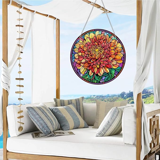 VAIIEYO Daisy Diamond Art Hanging Ornament, Flower Diamond Painting Suncatchers Window Hanging Kit with Chain, 7.5x7.5 inch Crystal Pendant Art Craft for Gift Home Wall Front Door Decoration