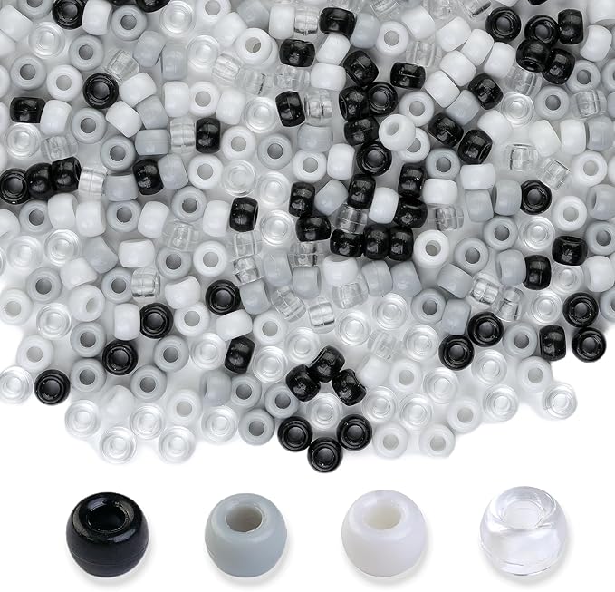 1000pcs Pony Beads, 15 Color Kandi Beads for Bracelets Making Kit, Hair Braids Crafts Jewelry Making Crafts Friendship Necklace Earrings DIY (Black, White, Gray Mixed Color)