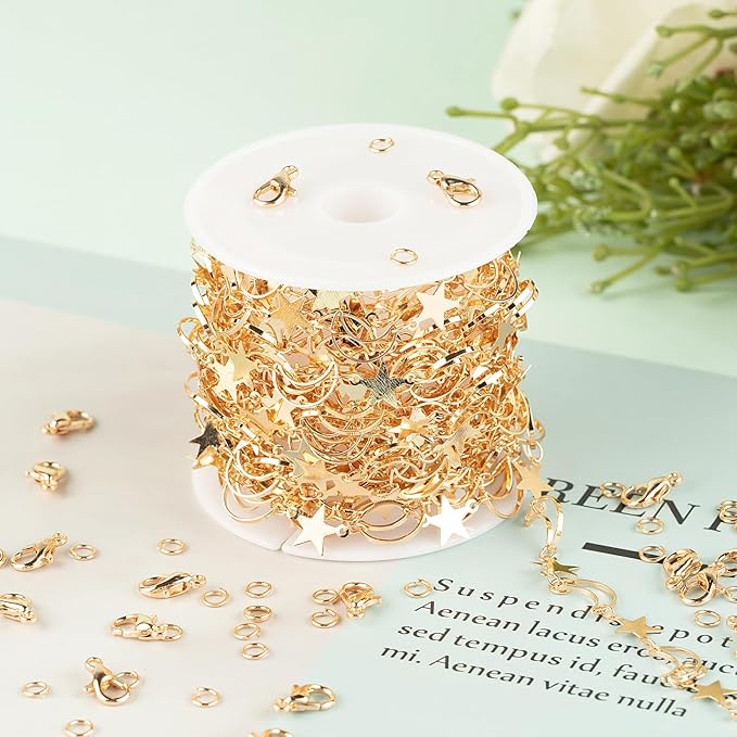 Jabogrii 5 Meters Star Moon Jewelry Making Chains Gold Plated Brass DIY Jewelry Making Supplies Necklace Bracelet Craft Chain Roll for Jewelry Making