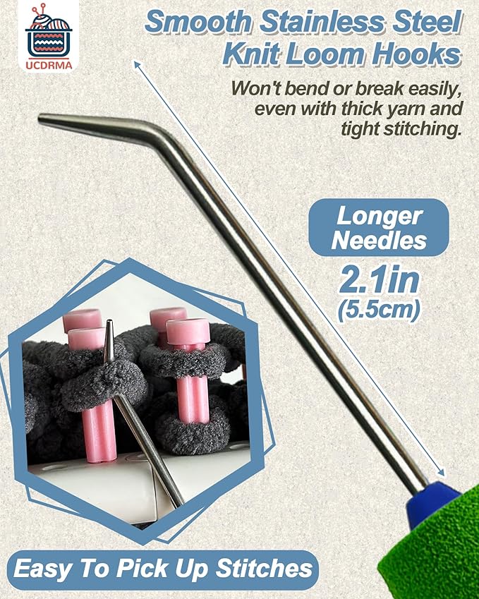 UCDRMA Knitting Loom Hook with Soft Grip, More Comfortable Loom Knitting Hook for Arthritic Hands, 6PCS Longer Loom Crochet Hooks (5.5in) Stainless Steel Yarn Loom Hooks with 12 Sewing Needles (L)