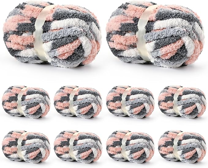 10 Pack Jumbo Chunky Yarn for Hand Knitting, Fluffy Variegated Chunky Chenille Yarn for Crocheting, 240yds/70.5oz Super Bulky Soft Crochet Baby Blanket Yarn(Dark Grey-Pink-White)