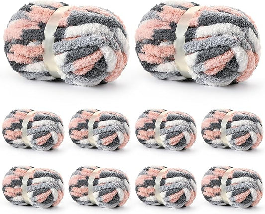 10 Pack Jumbo Chunky Yarn for Hand Knitting, Fluffy Variegated Chunky Chenille Yarn for Crocheting, 240yds/70.5oz Super Bulky Soft Crochet Baby Blanket Yarn(Dark Grey-Pink-White)