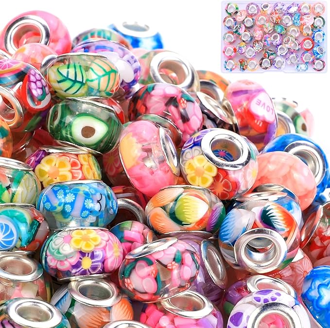 AIPRIDY Girls' Lucky Beads Lover Amber Beads, Big Hole Spacer Beads European Craft Beads for DIY Charms Bracelet Jewelry Making (Silver core Mix Color)