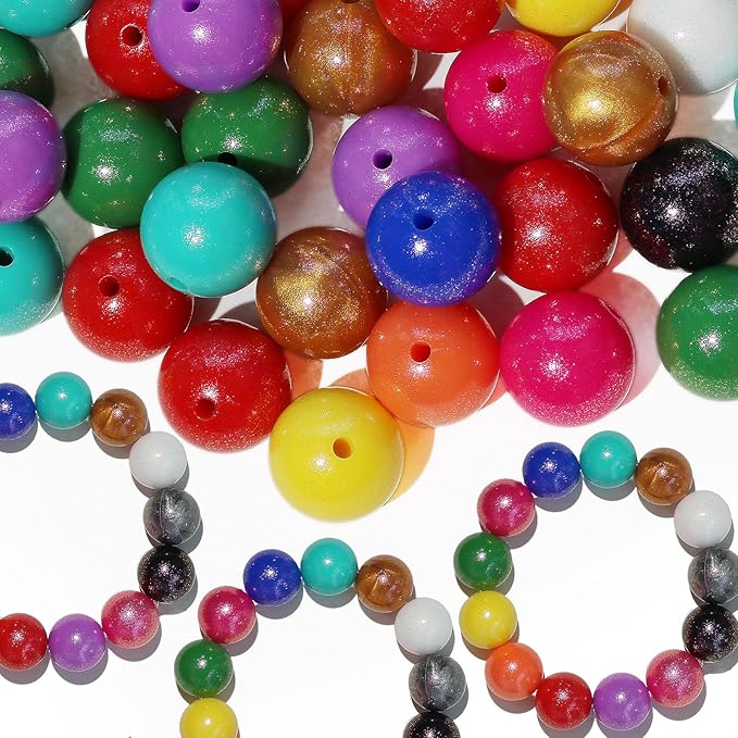 120pcs Richbunnys 15mm Bulk Silicone Beads for Pens and Keychain Making,Large Bead for Necklace and Bracelets Making,Assorted Rubber Beads Set(Print Glitter)