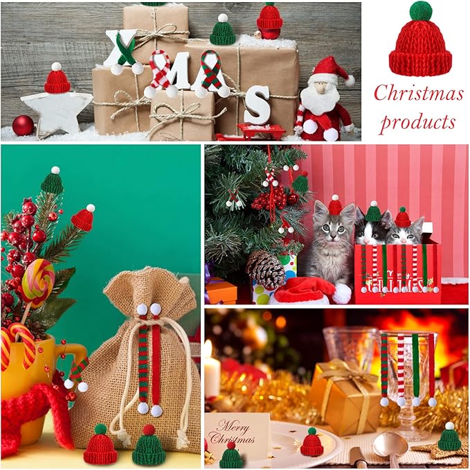 60 Pcs Mini Christmas Knit Hat and Mini Christmas Scarf Set, Santa Knit Hat Scarf Christmas Tree Ornaments Christmas Hat Scarf Cup Bottle Xmas Doll Crafts for DIY Craft Art Decoration (Classic Color)