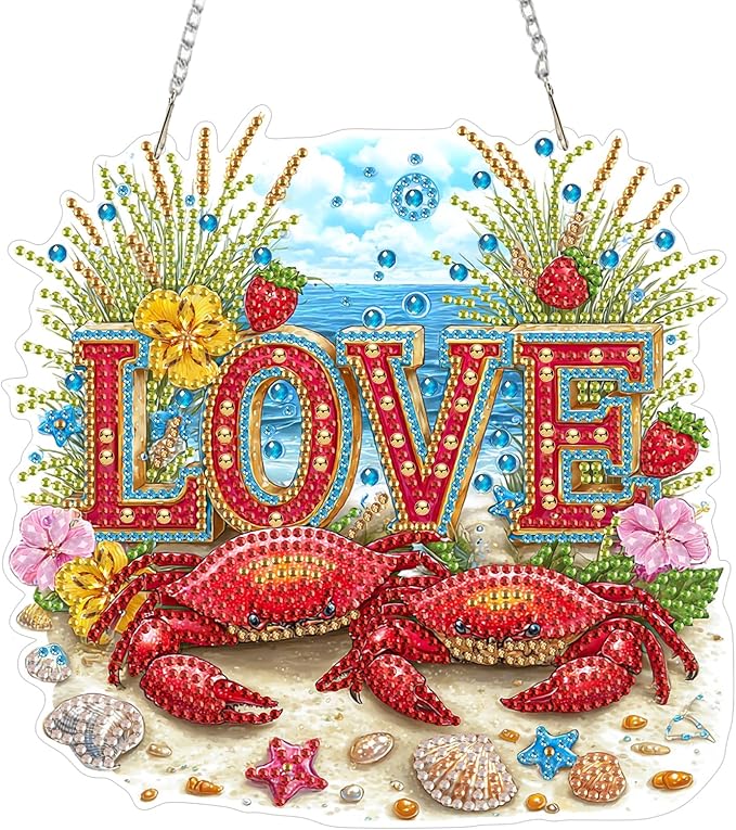 Lxmsja DIY Two Red Crabs Diamond Painting Hanging Ornament, Double-Sided Acrylic Ocean Diamond Art Kit, Special Shaped Suncatcher Hanging Pendant Window Art Kit